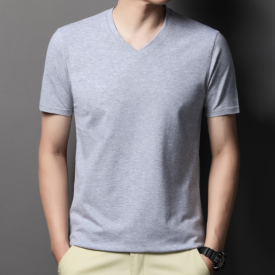 MOAIKA Classic Basic Solid Short Sleeve Men's Cotton Heart Collar Shirt   Light gray635543990380811118