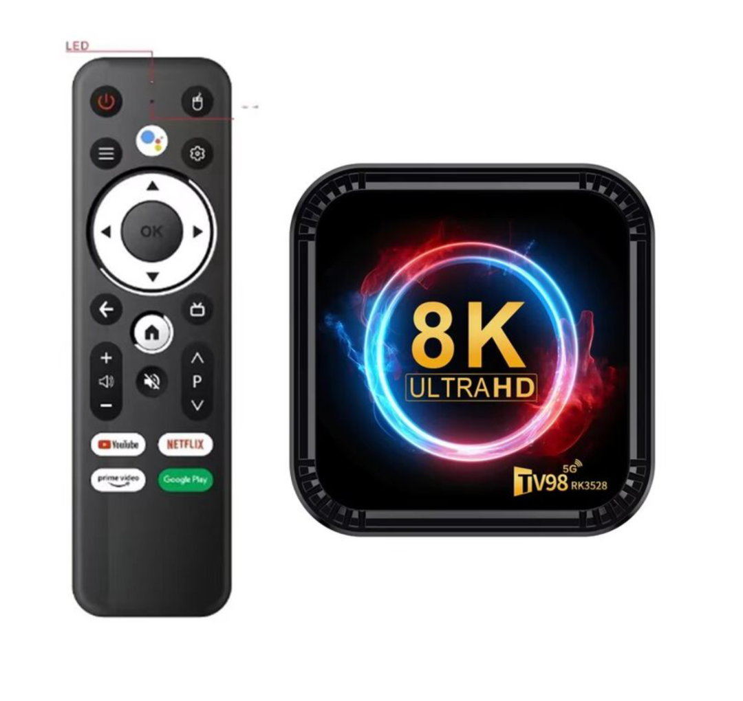 صندوق تلفاز ذكي TV98 RK3528، صندوق أندرويد 13 RK3528، رباعي النواة، واي فاي مزدوج 4G و5G، بلوتوث 5.0، 4 جيجابايت، 64 جيجابايت، جهاز تحكم عن بعد بصري، مشغل فيديو 8K HD، صندوق فك التشفير632281853340171120