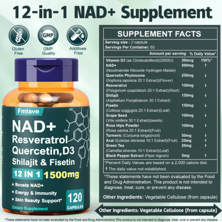Fmlave12-in-1 NAD+ Beauty Support Supplement,Formula With Quercetin, D3, Shilajit & Fisetin Quercetin, Support To Be Younger,Immune & Energy & Focus For Man & Women& Adult ,120Capsules63084887988867113
