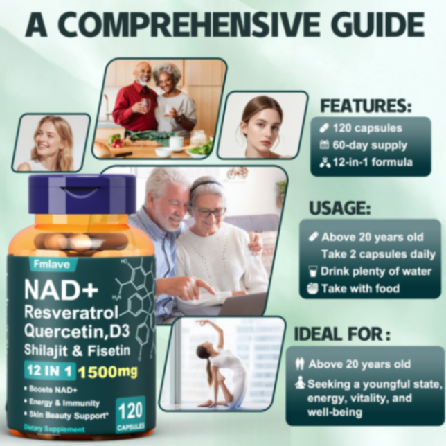 Fmlave12-in-1 NAD+ Beauty Support Supplement,Formula With Quercetin, D3, Shilajit & Fisetin Quercetin, Support To Be Younger,Immune & Energy & Focus For Man & Women& Adult ,120Capsules63084887988867114