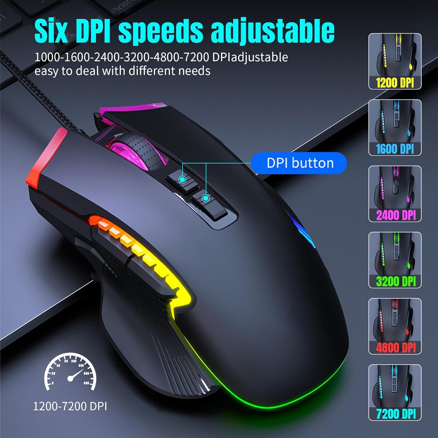 ماوس ألعاب USB سلكي، ماوس بصري للألعاب بستة إعدادات قابلة للتعديل لـ DPI مع 8 أزرار قابلة للبرمجة و13 وضع إضاءة خلفية، وزر إطلاق نار سريع LZ-08363680947626755114