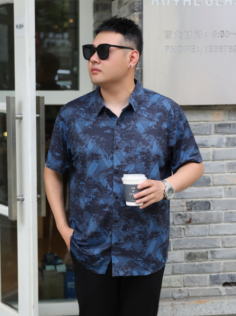MOAIKA Cool, fashionable, casual, wrinkle-free short-sleeve business floral shirt, blue634574891022111117