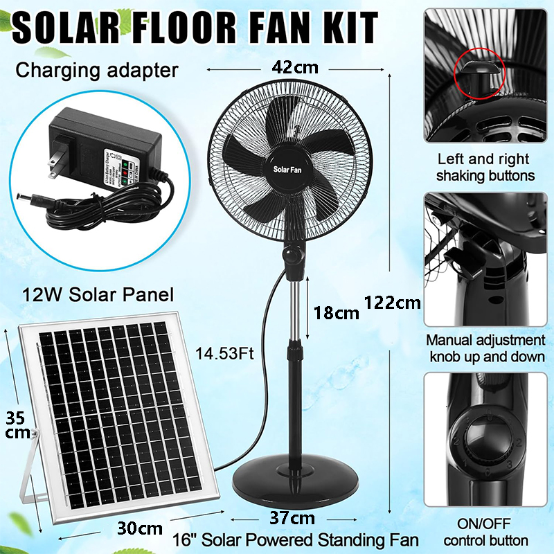 16 Inch Portable Solar Floor Fan Rechargeable Oscillating Standing Pedestal Fan with Solar Panel  Two Charging Methods 3 Speeds for Home Office Outdoor 11100263680578626946110