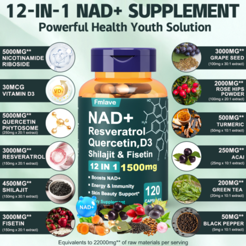 Fmlave12-in-1 NAD+ Beauty Support Supplement,Formula With Quercetin, D3, Shilajit & Fisetin Quercetin, Support To Be Younger,Immune & Energy & Focus For Man & Women& Adult ,120Capsules63084887988867111