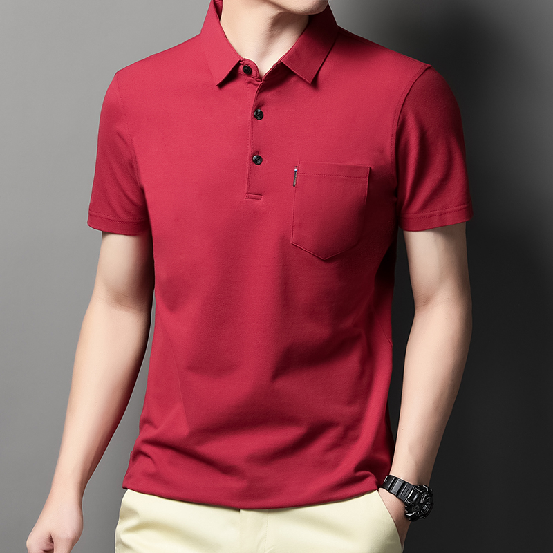 MOAIKA 100% Cotton Pocket Polo Shirt Solid Collar Short Sleeve      wine red63525134199298112