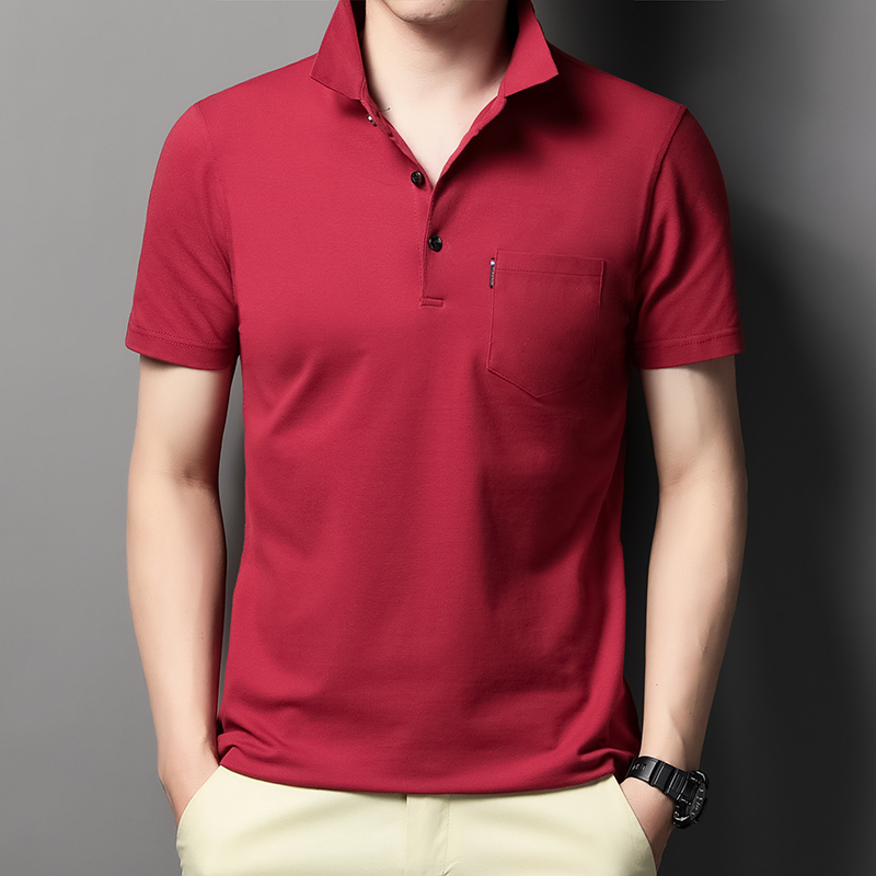 MOAIKA 100% Cotton Pocket Polo Shirt Solid Collar Short Sleeve      wine red63525134199298113