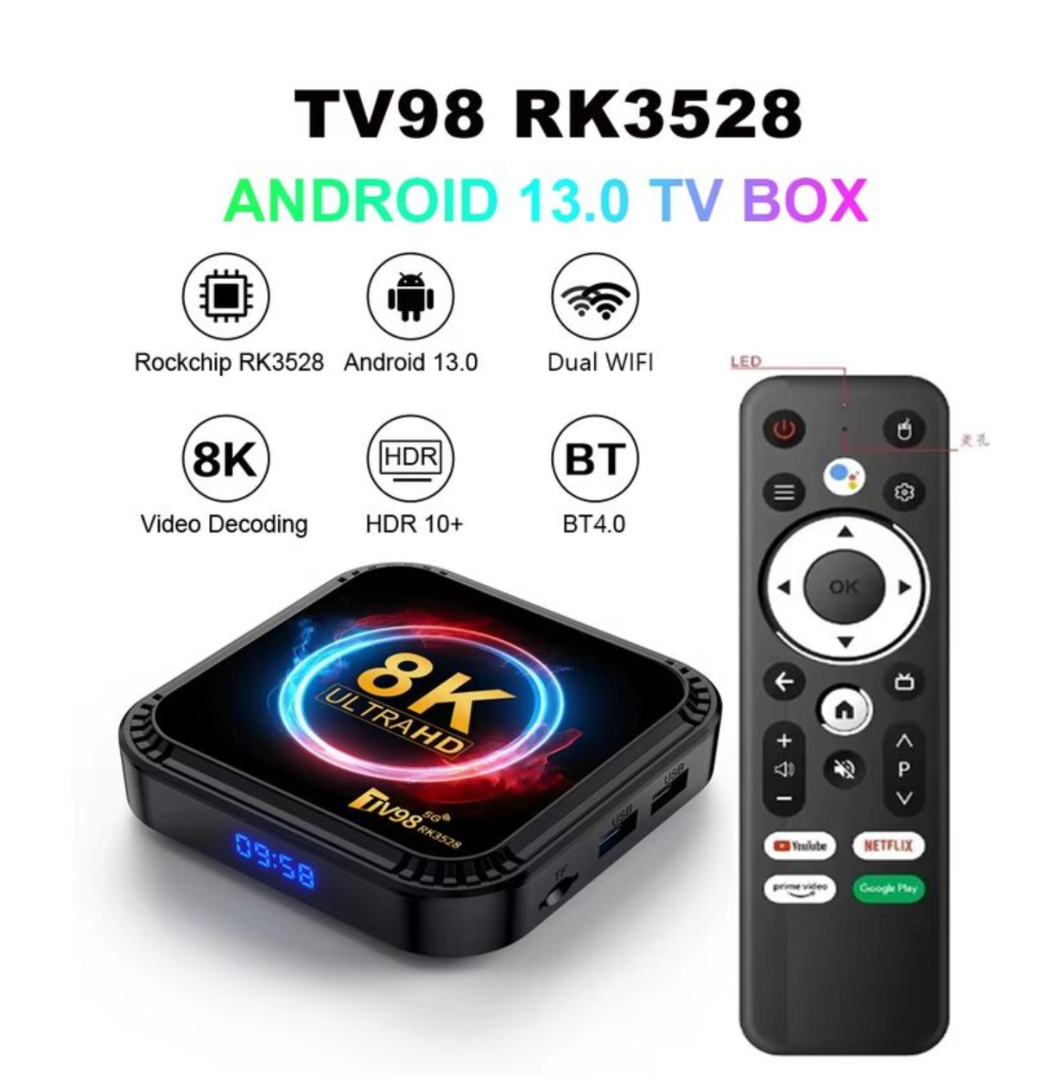 صندوق تلفاز ذكي TV98 RK3528، صندوق أندرويد 13 RK3528، رباعي النواة، واي فاي مزدوج 4G و5G، بلوتوث 5.0، 4 جيجابايت، 64 جيجابايت، جهاز تحكم عن بعد بصري، مشغل فيديو 8K HD، صندوق فك التشفير63228185334017112