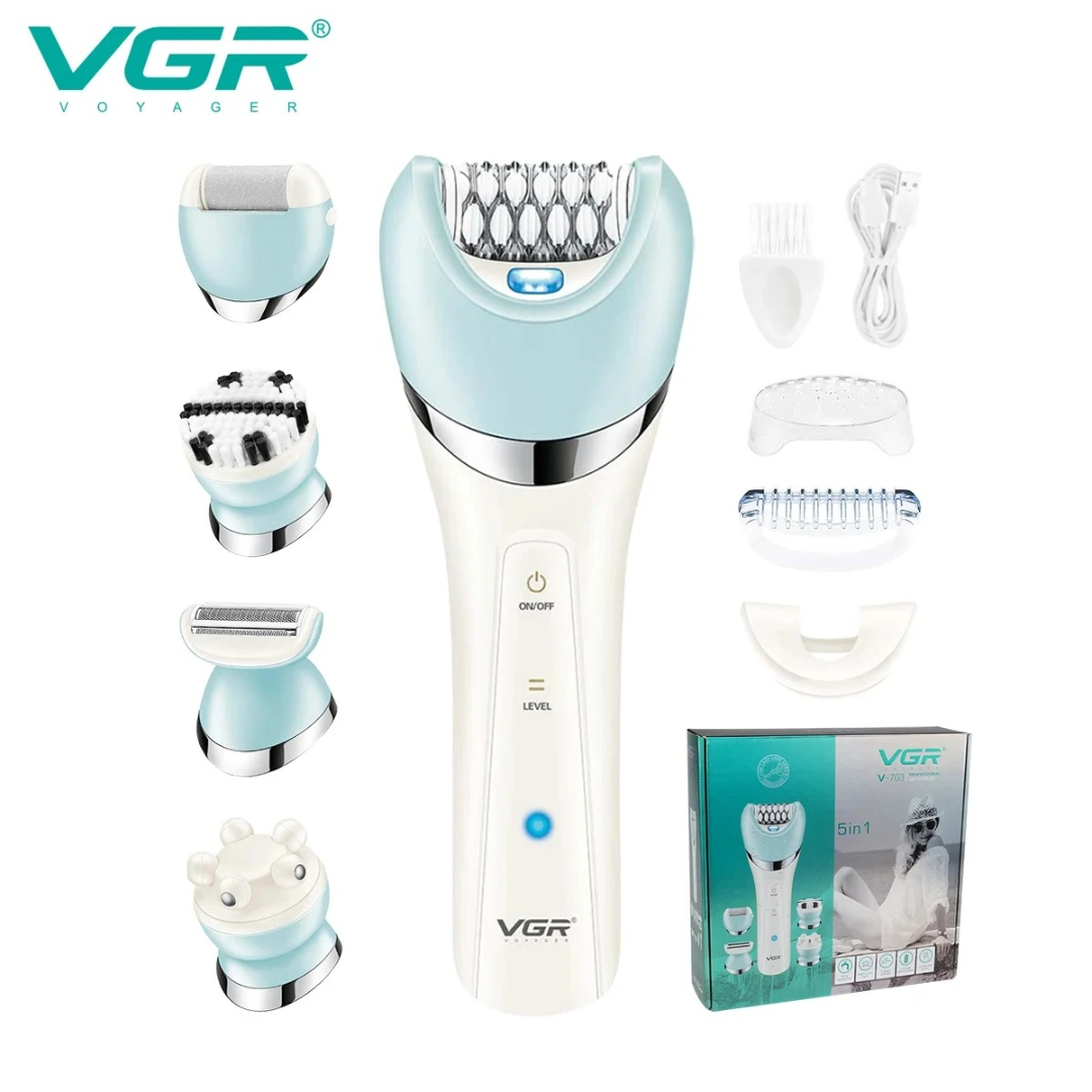 طقم جمالي مقاوم للماء IPX4 من في جي أر موديل V703، طقم جمالي كهربائي متكامل من خمسة في واحد، بما في ذلك ماكينة إزالة شعر للسيدات، وشفرة عائمة، وطقم إزالة أثر الكعب المؤلم، قابل لإعادة الشحن632035625360661122