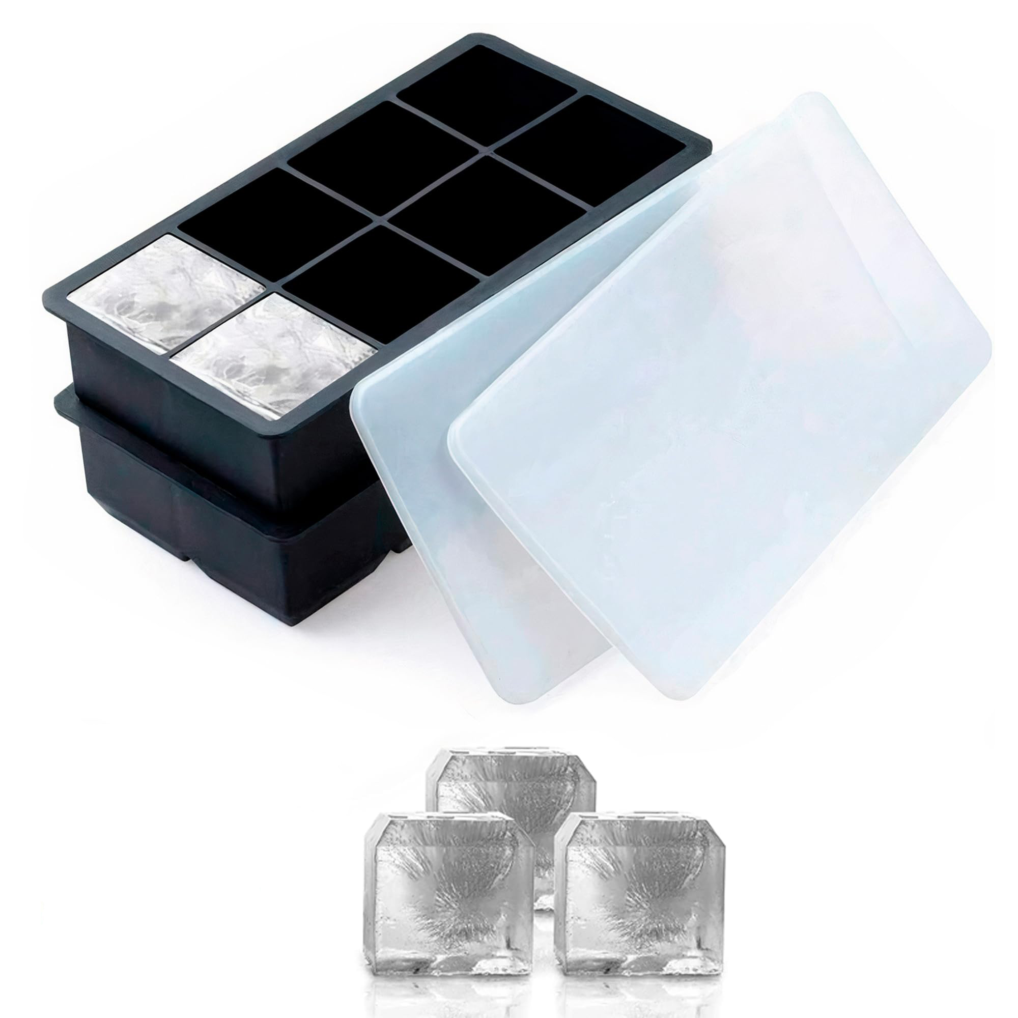 Blythornix Ice Cube Trays for Freezer with Lid, Square Silicone Ice Mold, Black Ice Ball Maker Hold with Funnel Large Size 2 Packs