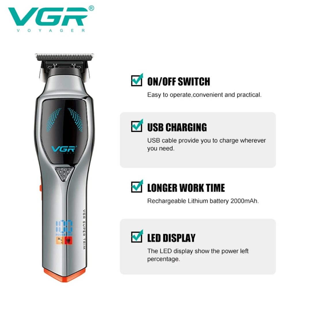 ماكينة حلاقة شعر معدنية بلون تدريجي VGR V187، بشفرة على شكل حرف T، كهربائية منزلية للقص بالدفع، ماكينة حلاقة شعر ذكية رقمية بإضاءة LED63225443254785114