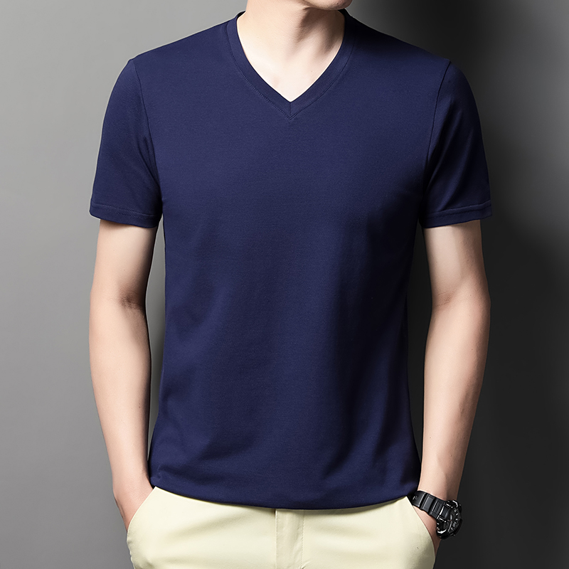 MOAIKA Classic Basic Solid Short Sleeve Men's Cotton Heart Collar Shirt      Navy blue635344590626571123