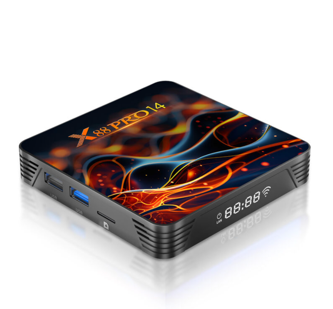 صندوق تلفاز X88 Pro 14 بنظام أندرويد 14، معالج رباعي النواة من روك تشايب بمعمارية 64 بت كورتكس A53، يدعم 4K وHDR، واي فاي 6، بلوتوث 5.0، صندوق تلفاز ذكي63238500888963112