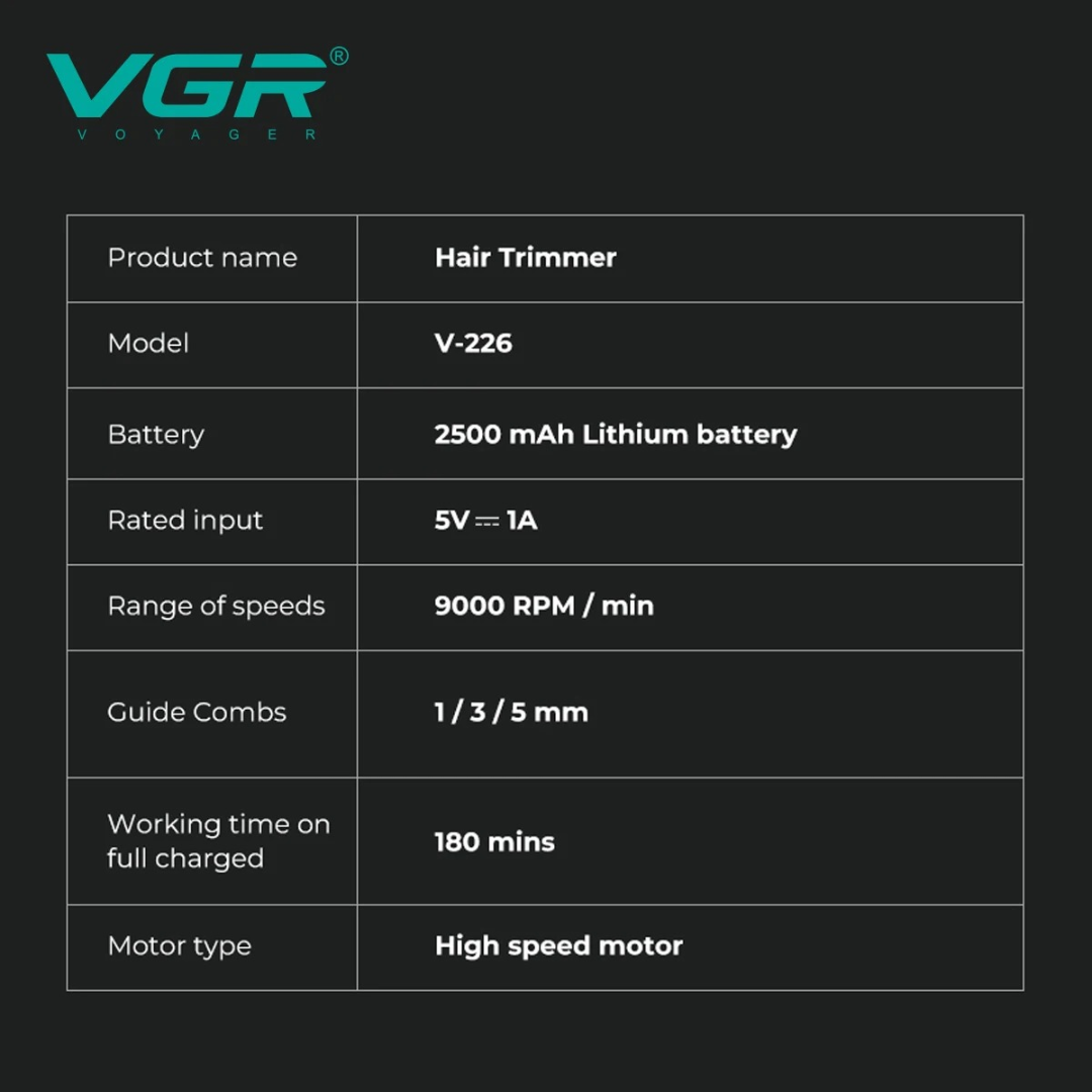 VGR V226 Hair Trimmer Professional Cordless Hair Cutting Machine 9000 RPM Barber Rechargeable Clipper DLC Blade Trimmer for Men 63214237421953112