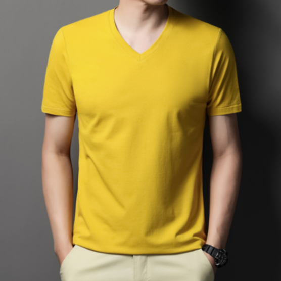 MOAIKA Classic Basic Solid Short Sleeve Men's Cotton Heart Collar Shirt     yellow635543823559711119
