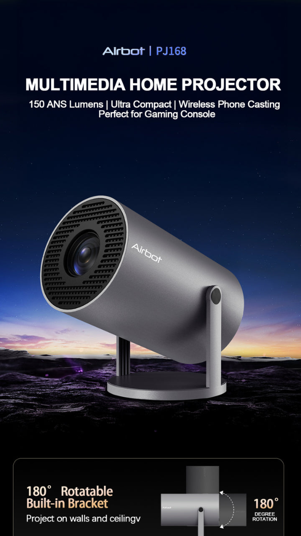 Airbot PJ168 EU - 1080P/4K Game Projector with Wi-Fi 6, 150 ANSI Lumens, Android 11, 360° Projection, Portable & Lightweight Projector62884967256194111