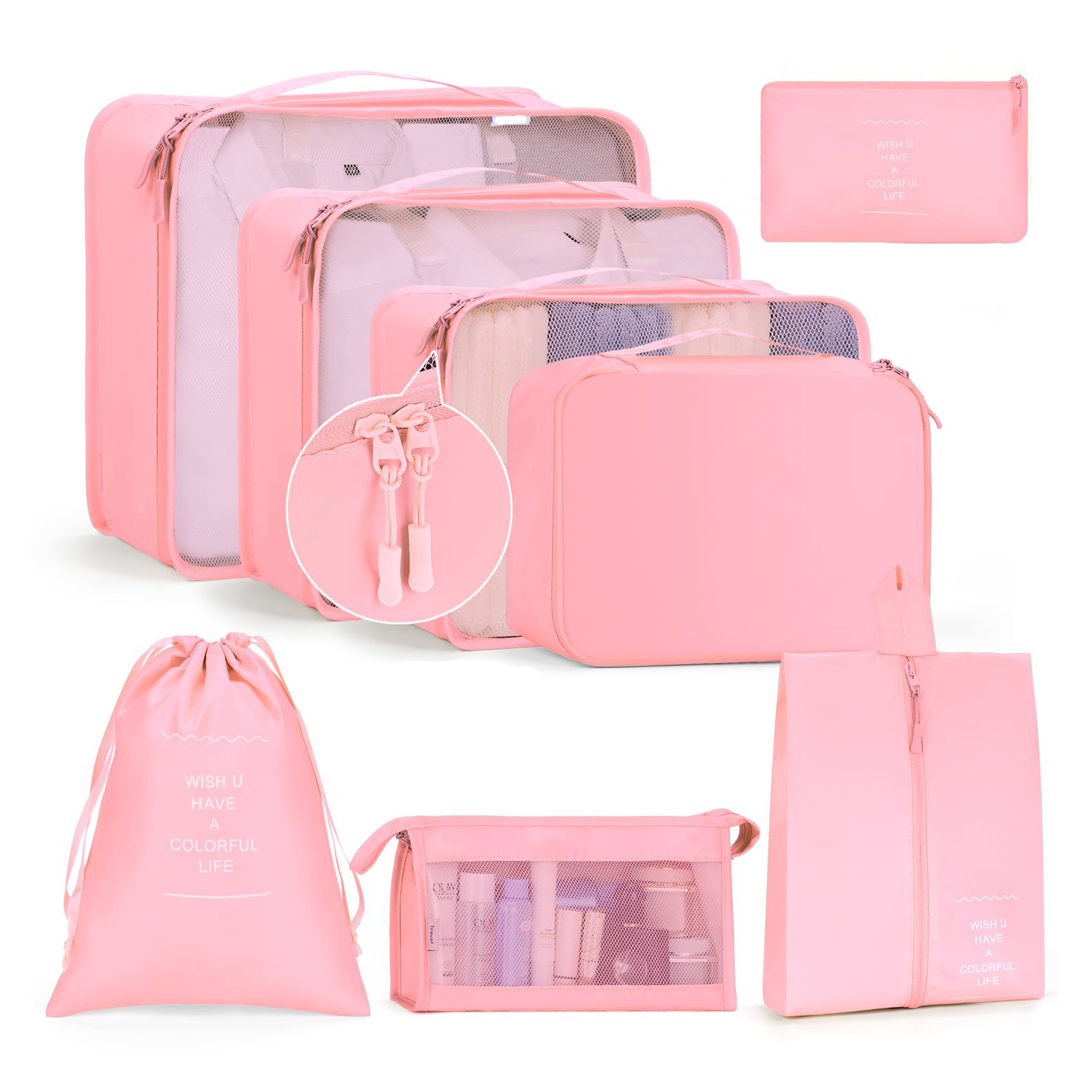 Blythornix Travel Packing Organizers Set 8 Pieces,Waterproof Travel Bags for Suitcase, Packing Cubes for Storage Luggage, Bra, Underwear and Shoes Pouches 8 Packs-Pink
