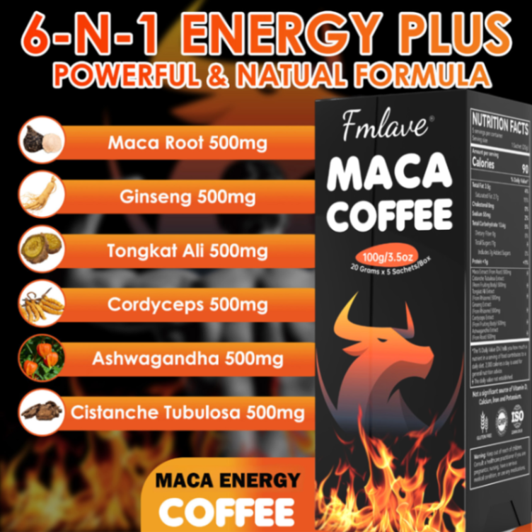 Fmlave Maca Coffee for Men, Cold Brew Arabica Coffee Bean Powder With Maca Root, Cistanche Tubulosa, Tongkat Ali, Ginseng, Cordyceps, for Stamina Energy Vitality Focus, 3.5oz, 5 Packets63084512699267111