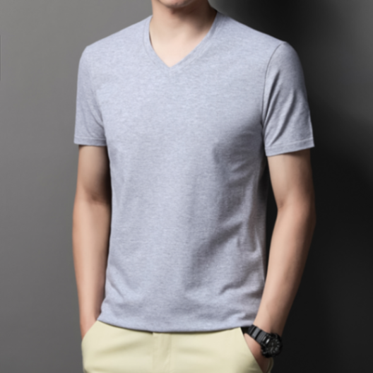 MOAIKA Classic Basic Solid Short Sleeve Men's Cotton Heart Collar Shirt   Light gray63554399038081111
