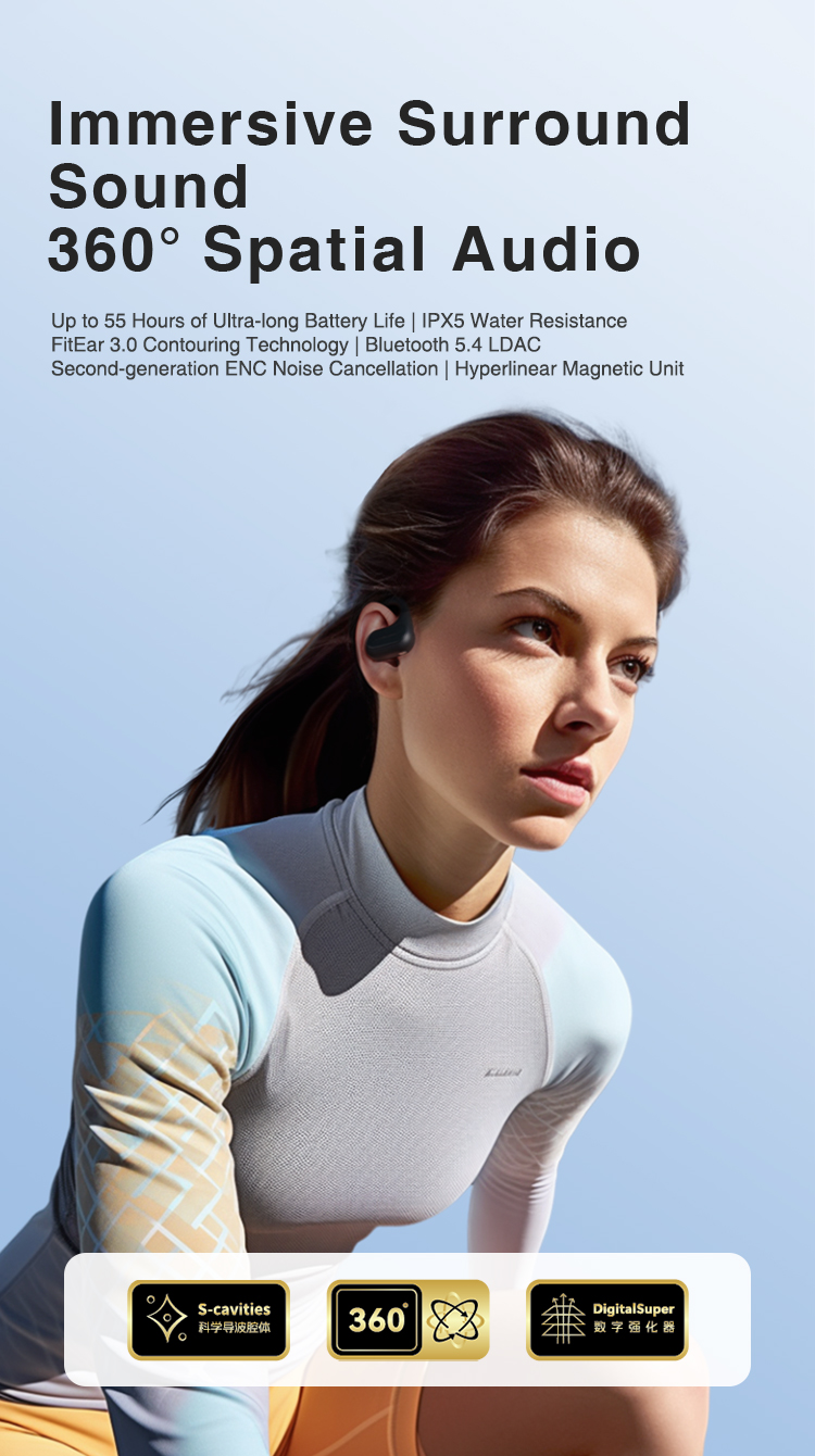 ROSESELSA OpenFree Open Ear Wireless Earbuds LDAC LDHC HiFi Sound Bluetooth 5.4 Earphones 52H Battery LC3 Game Mode 20ms（Gray）63615266642563111