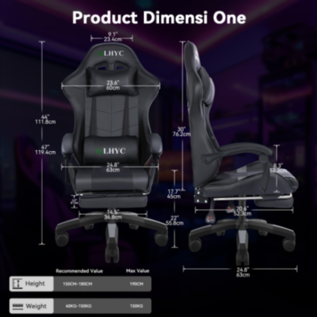 ULHYC Esports Gaming Chair, Adjustable Computer Chair, Computer Office, Pu Leather, High Backrest, Lumbar Support, Comfortable Armrests, Headrest With Footrest, 360° Rotation,Dark63526698106499114